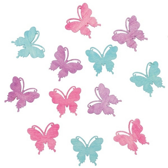 Motýli dřevění fialová, zelená, růžová 4 cm 12 kusů
