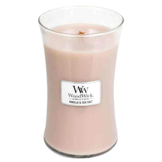 WoodWick Vanilla & Sea Salt - Vanilka a mořská sůl vonná svíčka s dřevěným knotem a víčkem sklo velká 609,5 g
