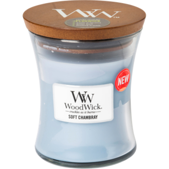 WoodWick Soft Chambray - Čisté prádlo vonná svíčka s dřevěným knotem a víčkem sklo střední 275 g