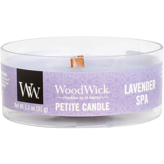 WoodWick Lavender Spa - Levandulové lázně vonná svíčka s dřevěným knotem petite 31 g
