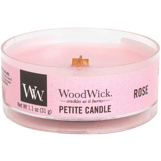 WoodWick Rose - Růže vonná svíčka s dřevěným knotem petite 31 g