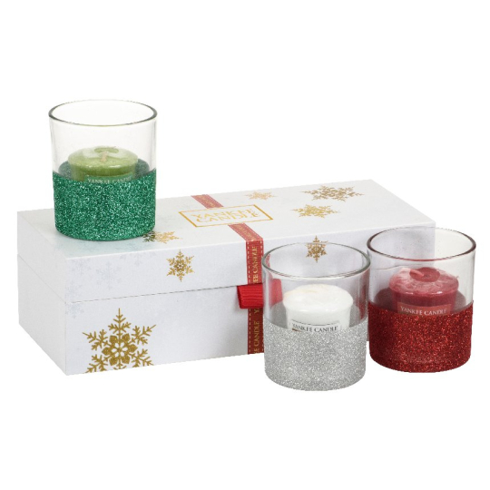 Yankee Candle Vonná svíčka votivní 49 g x 3 kusy + skleněné svícínky 3 kusy, vánoční dárková sada
