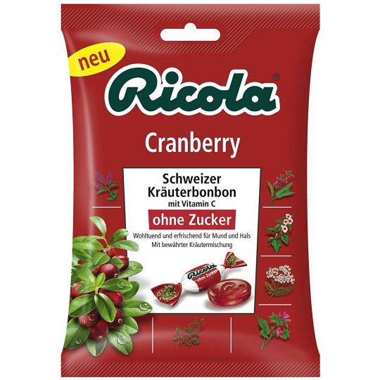 Ricola Cranberry - Brusinky švýcarské bylinné bonbóny bez cukru s vitamínem C z 13 bylin 75 g