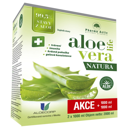 Pharma Activ AloeVeraLife Natura obsahuje 99,5% šťávu z aloe, pro podporu obranyschopnosti, doplněk stravy 2 x 1000 ml, sada