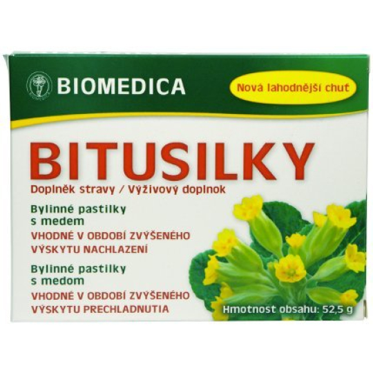 Biomedica Bitusilky bylinné pastilky s medem a vitaminem C, vhodné v období zvýšeného výskytu nachlazení doplněk stravy 15 kusů