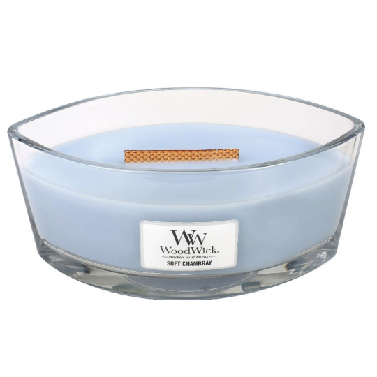 WoodWick Soft Chambray - Čisté prádlo vonná svíčka s dřevěným širokým knotem a víčkem sklo loď 453 g