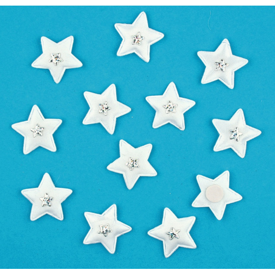 Hvězdy látkové bílé, s lepíkem 3,5 cm, 12 kusů