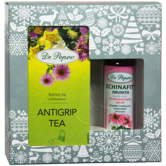 Dr. Popov Echinafit imunita originální bylinné kapky 50 ml + Antigrip Tea bylinný porcovaný čaj s echinaceou 30 g - 20 nálevových sáčků, vánoční dárková sada