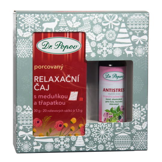 Dr. Popov Relax Antistres originální bylinné kapky 50 ml + Relaxační čaj s meduňkou a třapatkou porcovaný 30 g, 1,5 g x 20 nálevových sáčků, vánoční dárková sada