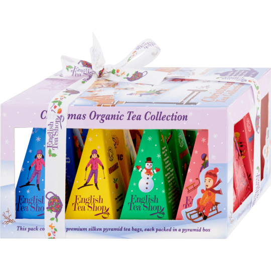 English Tea Shop Bio Lyžaři a sáňkaři dárková krabička Tichá noc + Vánoční směs + Pikantní směs + Irské vánoce, 12 kusů pyramidek sypaného čaje, 4 příchutě, 24 g dárková sada