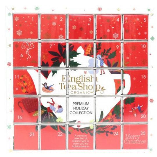 English Tea Shop Bio Adventní kalendář Puzzle číervený 25 kusů bioodbouratelných pyramidek čaje, 13 příchutí, 48 g dárková sada