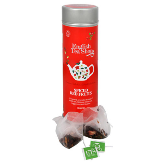 English Tea Shop Bio Kořeněné červené ovoce 15 kusů bioodbouratelných pyramidek čaje v recyklovatelné plechové dóze 30 g