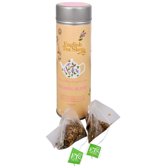 English Tea Shop Bio Zklidňující směs 15 kusů bioodbouratelných pyramidek čaje v recyklovatelné plechové dóze 30 g