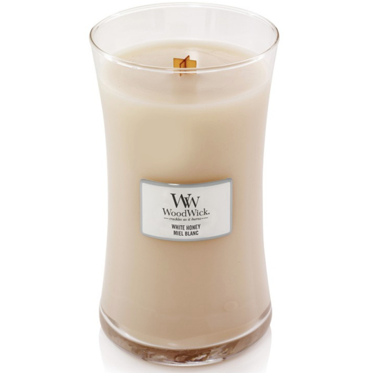 WoodWick White Honey - Bílý med vonná svíčka s dřevěným knotem a víčkem sklo velká 609,5 g