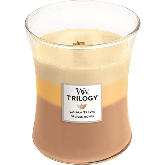 WoodWick Trilogy Golden Treats - Zlaté lahůdky vonná svíčka s dřevěným knotem a víčkem sklo střední 275 g