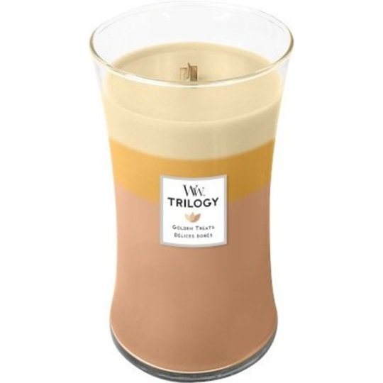 WoodWick Trilogy Golden Treats - Zlaté lahůdky vonná svíčka s dřevěným knotem a víčkem sklo velká 609 g