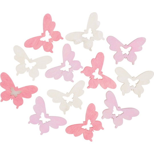 Motýl dřevěný béžová, růžová, světle fialová 4 cm, 12 kusů