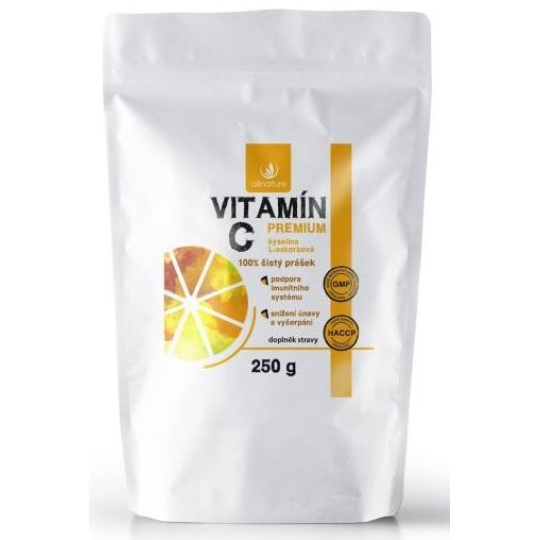 Allnature Vitamín C Premium 100% čistý prášek pro podporu imunity a snížení únavy a vyčerpání, doplněk stravy 250 g
