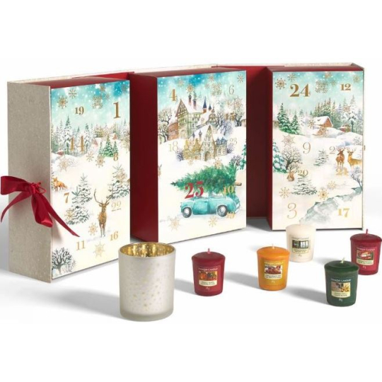 Yankee Candle Adventní kalendář Kniha čajová svíčka 12 kusů + votiv svíčka 12 kusů + svícen, Vánoční dárková sada