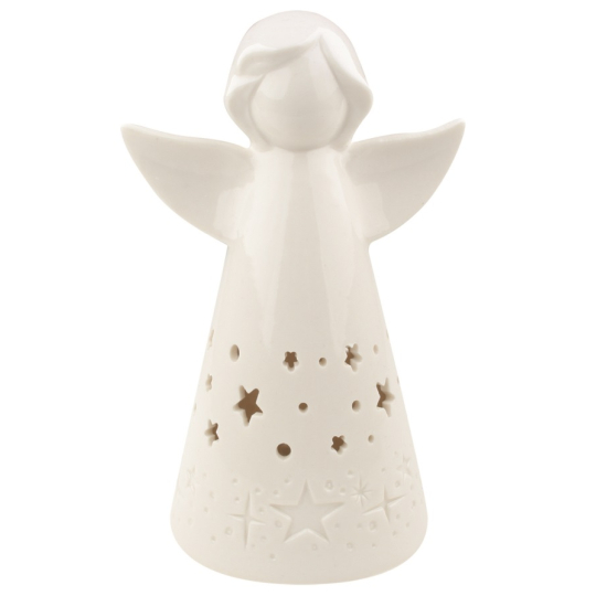 Anděl porcelánový s LED osvětlením bílý s hvězdičkami 16 cm na postavení