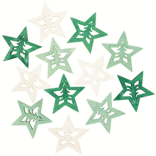 Hvězda dřevěná zeleno-přírodní 4 cm 12 kusů