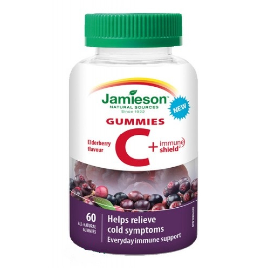 Jamieson Vitamin C + Immune Shield Gummies Černý bez želatinové pastilky posilující imunitu, doplněk stravy 60 tablet
