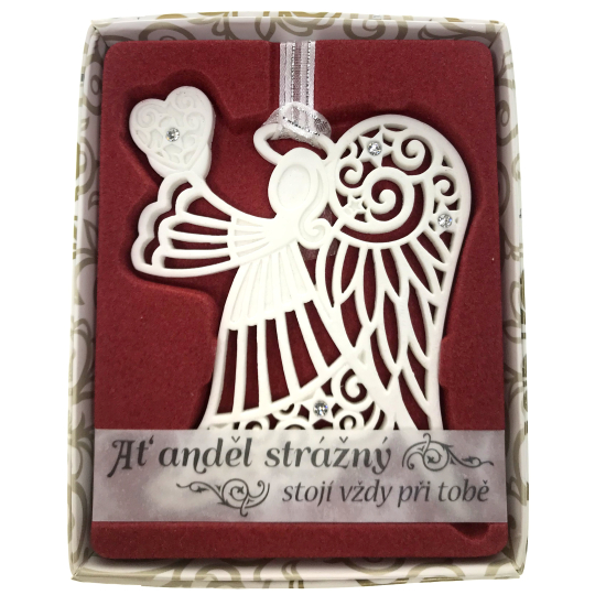 Albi Vánoční ornament s krystaly Swarovski na zavěšení s popisem - Ať anděl strážný stojí vždy při tobě, cca 7 x 8 cm