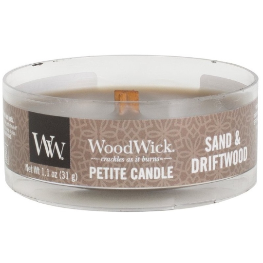 WoodWick Sand & Driftwood - Písek a naplavené dřevo vonná svíčka s dřevěným knotem petite 31 g