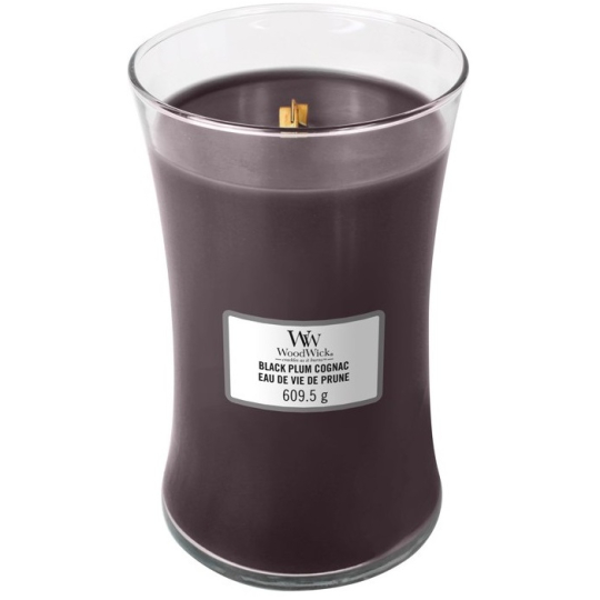 WoodWick Black Plum Cognac - Koňak z černých švestek vonná svíčka s dřevěným knotem a víčkem sklo velká 609 g
