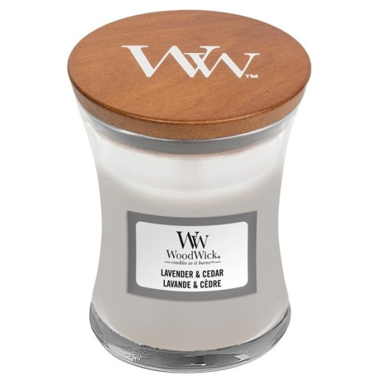WoodWick Lavender & Cedar - Levandule a Cedr vonná svíčka s dřevěným knotem a víčkem sklo malá 85 g