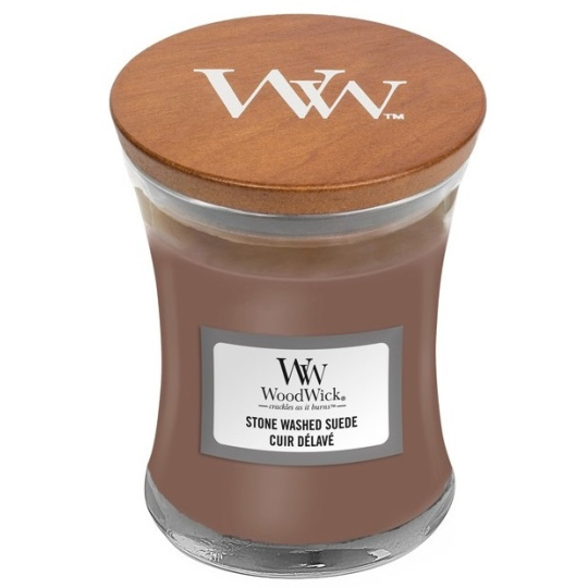 WoodWick Stone Washed Suede - Sepraný semiš vonná svíčka s dřevěný knotem a víčkem sklo malá 85 g