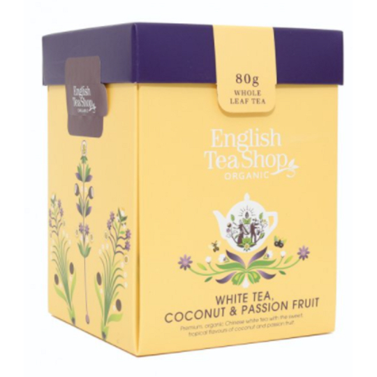 English Tea Shop Bio Bílý čaj Kokos a Passion fruit sypaný 80 g + dřevěná odměrka se sponou