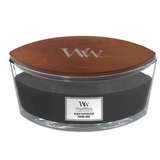 WoodWick Black Peppercorn - Černé zrnko pepře vonná svíčka s dřevěným širokým knotem a víčkem sklo loď 453 g