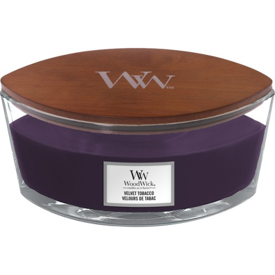 WoodWick Velvet Tobacco - Sametový tabák vonná svíčka s dřevěným širokým knotem a víčkem sklo loď 453 g