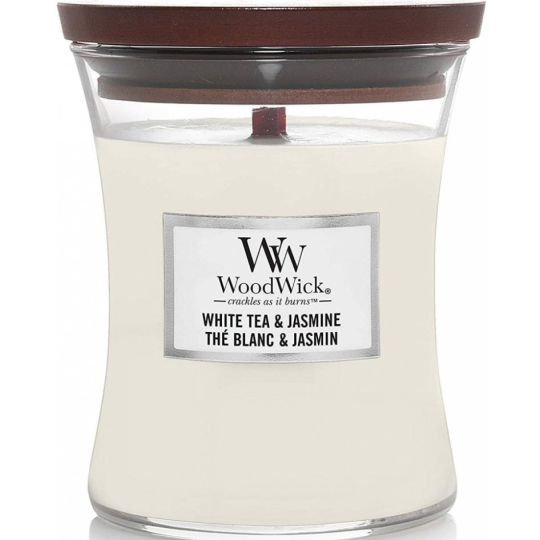 WoodWick White Tea & Jasmin - Bílý čaj a jasmín vonná svíčka s dřevěným knotem a víčkem sklo malá 85 g