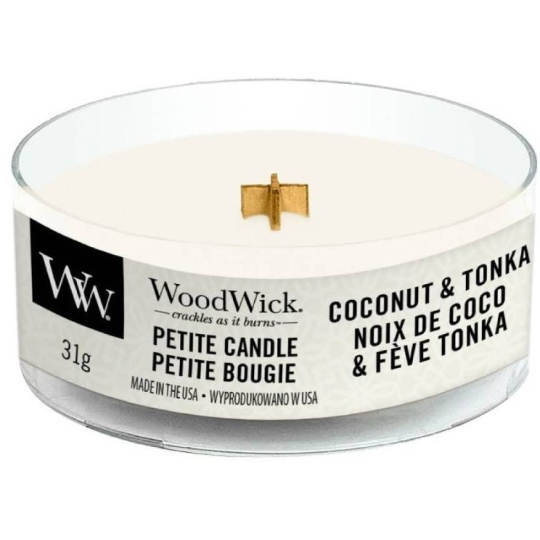 WoodWick Coconut & Tonka - Kokos a tonka boby vonná svíčka s dřevěným knotem petite 31 g