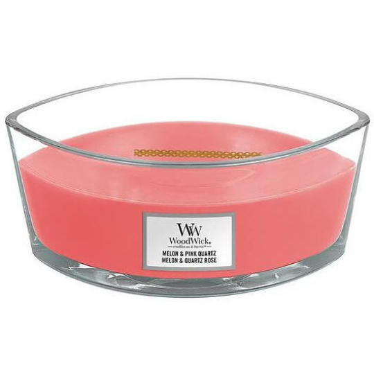 WoodWick Melon & Pink Quartz - Meloun a růžový křemen vonná svíčka s dřevěným širokým knotem a víčkem sklo loď 453 g