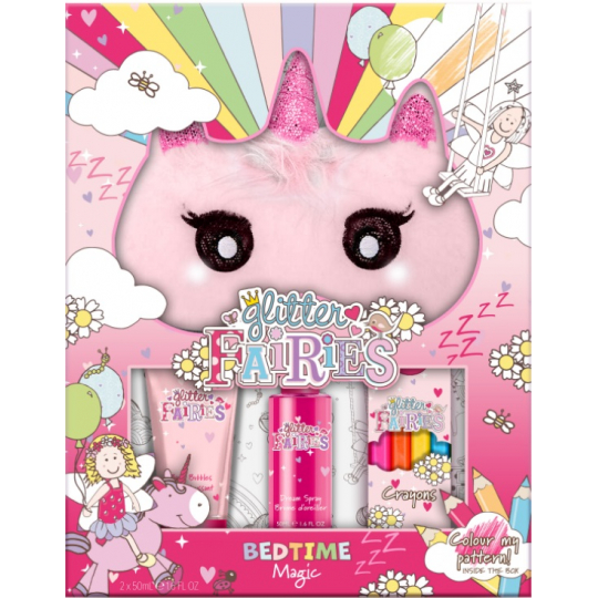 Grace Cole Glitter Fairies maska na spaní + barevné pastelky + vonný sprej na polštář 50 ml + pěna do koupele 50 ml, kosmetická sada pro děti