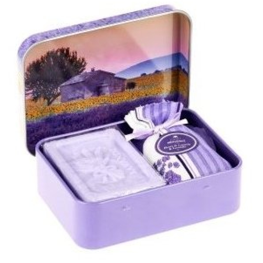 Esprit Provence Levandule toaletní mýdlo 60 g + levandulový vonný pytlík + plechová krabička s obrázkem slunečnice, kosmetická sada