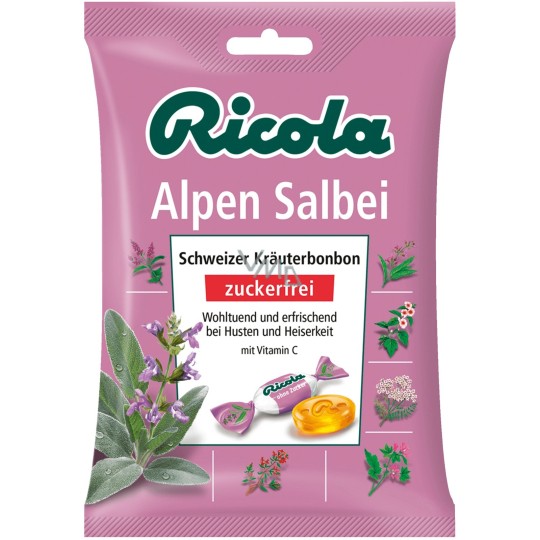 Ricola Salbei - Šalvěj švýcarské bylinné bonbóny bez cukru s vitamínem C z 13 bylin, proti zánětu dutiny ústní, horečce a chrapotu 75 g