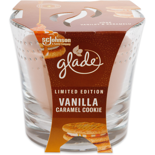Glade Vanilla Caramel Cookie s vůní vanilky a karamelu vonná svíčka ve skle, doba hoření až 38 hodin 129 g