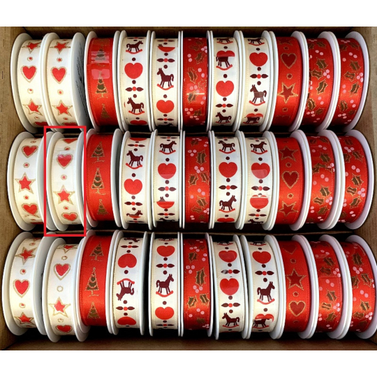 Ditipo Stuha saténová Villach Krémová s červenými srdíčky a hvězdičkami 3 m x 15 mm