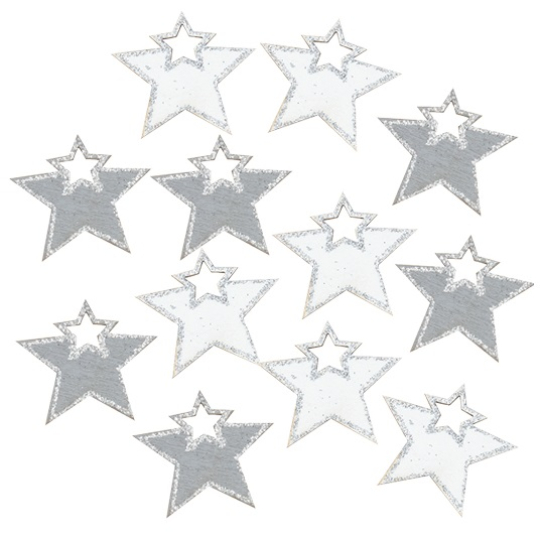 Hvězda dřevěná s lepíkem Šedá a bílá 4 cm 12 kusů
