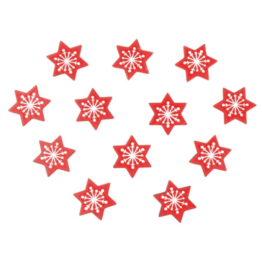 Hvězdy dřevěné s vločkou a lepíkem Červené 3 cm 12 kusů