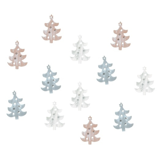 Stromeček dřevěný s lepíkem Bílé, hnědé a modré 3,5 cm 12 kusů