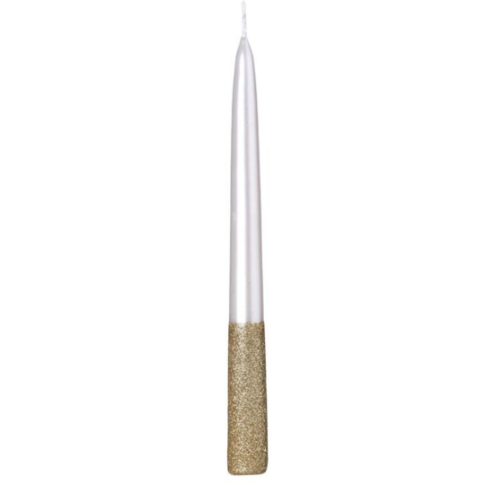 Emocio Dvojbarevná svíčka se zlatým glitrem bílá perla kónická 22 x 230 mm