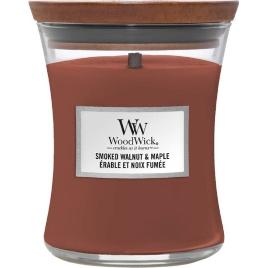 WoodWick Smoked Walnut & Maple - Pečené vlašské ořechy a javorový sirup vonná svíčka s dřevěným knotem a víčkem sklo střední 275 g