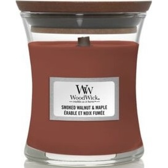 WoodWick Smoked Walnut & Maple - Pečené vlašské ořechy a javorový sirup vonná svíčka s dřevěným knotem a víčkem sklo malá 85 g