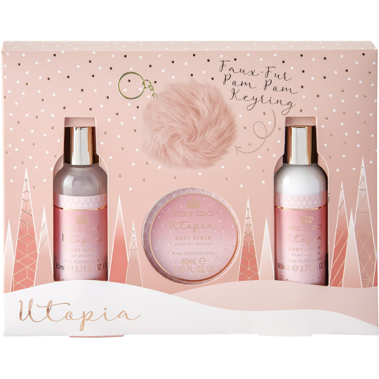Sunkissed Keyring Gift Set Utopia sprchový gel 80 ml + tělové mléko 80 ml + tělový peeling 60 ml + přívěšek na klíče, kosmetická sada pro ženy