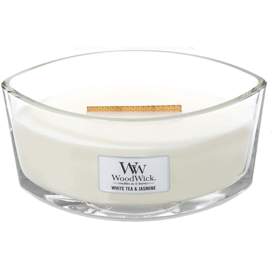 WoodWick White Tea & Jasmine - Bílý čaj a Jasmín vonná svíčka s dřevěným širokým knotem a víčkem sklo loď 453 g